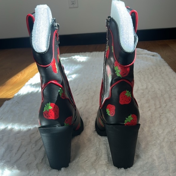 DOLLS KILL X STRAWBERRY SHORTCAKE Black Red Strawberry Heeled western Boots 10 - Picture 6 of 10
